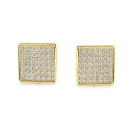 Geometric Square Shaped Cubic Zirconia Micro Pave CZ Stud Earrings For Men For Women Gold Plated Sterling Silver 8MM