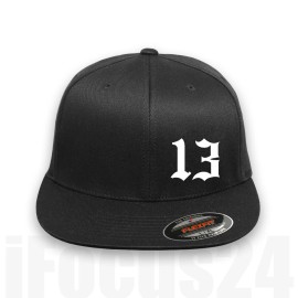 Flexfit Lucky 13 Embroidered Logo Flex-Fit Hat Fitted Black OG Flat Bill Cap Adult Gift - S/M, Black