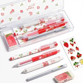 Mangpung Cute Strawberry Pens Set Include Kawaii 0.5mm Strawberry Mechanical Pencil,Mechanical Pencil Lead Refills,Erasers,Gel Pens,Stickers,Strawberry Stationery Set for Office School Supplies