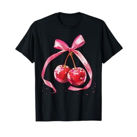 Coquette Preppy Pink Bow Cherry Disco Ball Y2K Aesthetic T-Shirt