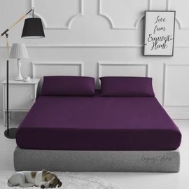 Fitted Bed Sheet With Matching FREE 1 X PILLOW CASE Plain Dyed Poly Cotton Percale Easy Care Bed Sheet Plum Single