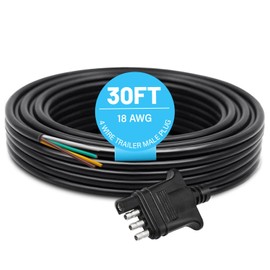 MECMO 4 Way Trailer End Connector Wire 30 Feet Jacketed Cable, Heavy Duty 18AWG Color-Coded Copper Trailer-Side Male End 4 Pin Flat Trailer Hitch Wiring Harness Utility Boat Trailer Light Plug 30ft
