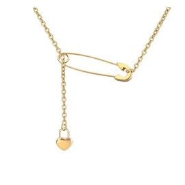 Heart Lockpad Lariat Necklace Pendant Stainless Steel Lock Safety Pin Necklace for Women Men Protection Jewelry Gift (02 Gold)