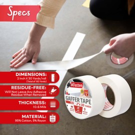 XFasten White Gaffer Tape 2 Inch x 30 Yards, Residue-Free Strong Adhesion (2-Pack 180-feet Total) Non-Reflective Matte White Fabric Tape for Walls, Cable Labels, Photography, Stage Marking