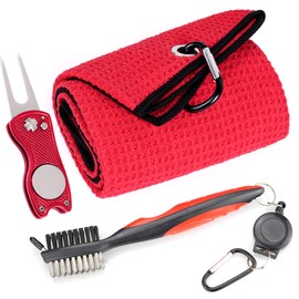 Mile High Life Microfiber Waffle Pattern Golf Towel | Club Groove Cleaner Brush | Foldable Divot Tool with Magnetic Ball Marker (Red Towel/Brush/Fish Divot)