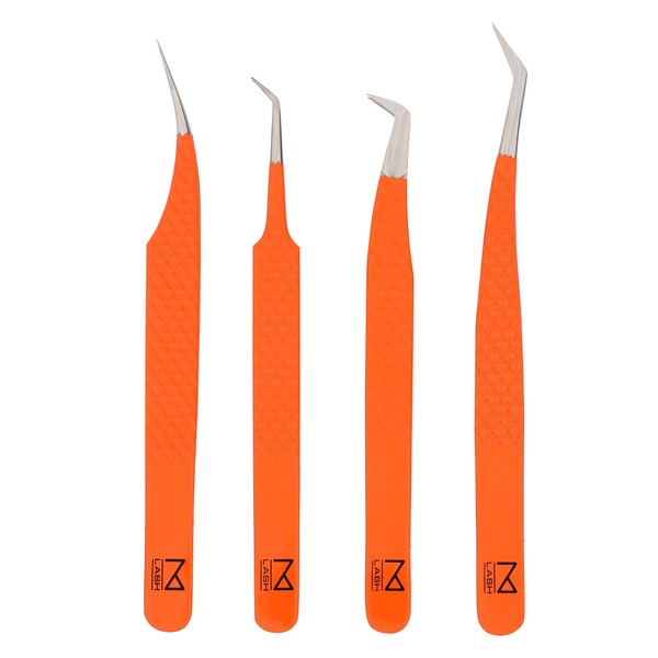 M LASH Eyelash Extension Tweezers (Set of 4) - Professional & Precision Lash Tweezers for Eyelash Extensions - Japanese Steel, Diamond Grip, Fiber Tip I-Series (Orange)