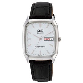 Cue & Cue A182-301 Men's Wristwatch, Waterproof, Date, Week, Leather Strap, Silver, Dial Color - Silver, watch