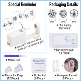 VitaCool 37 Pcs Ear Piercing Kit Disposable Ear Piercing Gun Kit with Sterile Multi-sized CZ Earring Studs Easy and Safe Earring Self Piercing Kit for Your Own Use at Home (3Mix-3mm-Silver-)