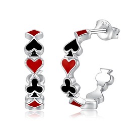 Poker Earrings Hoop Sterling Silver Red and Black Hearts and Spades Casino Poker Cards Earrings Jewelry for Women