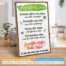 ARTFAVES® Wooden Sign with Saying - Glücklich Sein - Trenne Dich von dem | Shabby Chic Sign Retro Vintage Decoration Gift | Glücklichsein, Glück, Leben | Size: 19 x 28 cm
