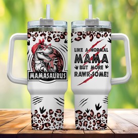 UNILYLY Tumbler 40 Oz With Handle Lid And Straw, Mamasaurus Leopard, Black Print, Mamasaurus Gifts, Mamasaurus Keep Drinks Cold Hot Leopard Leak Resistant Water Bottle Leopard Print