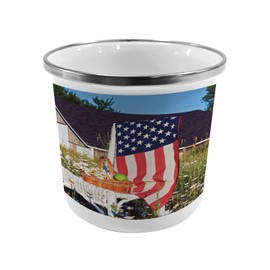 Lunarable Americana Metal Camping Cup, Green Apples and Daisies Chair with USA Flag Bouquet Countryside Summer Holiday, Stainless Steel Mug for Indoor and Outdoor Activities, Multicolor