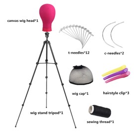 lucicass Wig Head 22 Inch Canvas Block Head Wig Stand with Mannequin Head 55" Wig Stand Tripod with Head Mannequin Head Stand with Head for Wigs Making Display(22Inch, Rose)