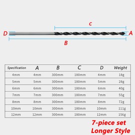 7-Piece 300 mm Wood Drill Set, Extra Long Spiral Drill Bit Made of Carbon Steel, 4-12 mm, Twist Drill, Three-Point Drill Bit for Woodworking