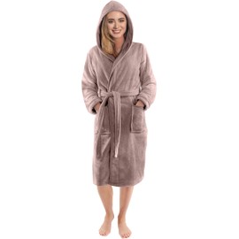 NY Threads Women's Hooded Bathrobe, Soft Fluffy Fleece, Dressing Gown, taupe