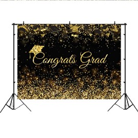 Lofaris Class of 2025 Congrats Grad Black Golden Glitter Photography Backdrop Congratulate Gold Graduation Cap Celebration Prom Party Background Cake Table Banner Photo Booth Props 9x6ft