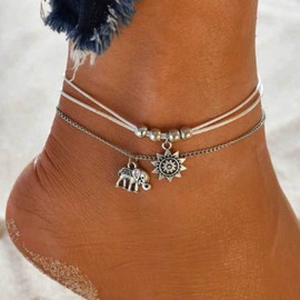 Handcess Boho Double Row Anklet Silver Elephant Ankle Bracelet Braided Sunflower Anklet Jewelry for Women and Girls