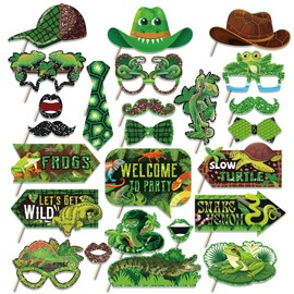 Kristin Paradise 25Pcs Frog Photo Booth Props with Stick, Reptile Birthday Theme Selfie Props, Snake Party Supplies, Lizard Photography Backdrop Decorations