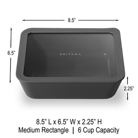 BRIVARA HOME Ceramic Coated Glass Food Storage Container | No PTFE, PFOA, PFAS, and BPA | Reusable Non Toxic Meal Prep Container with Glass Lid | Easy To Store | 6 Cup Rectangle [Onyx]