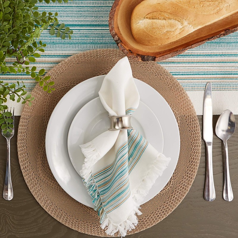 DII Everyday Collection, Fringed Stripe Tabletop, Napkin Set, Teal, 6