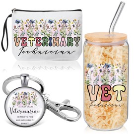 Kacctyen Veterinary Gift Vet Tech Women Veterinarian Appreciation Gifts Glass Cup with Lids and Straws Makeup Bag Keychain for Veterinarian, Veterinary Week