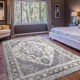 Domitapis Area Rug 8×10, Large Vintage Boho Rug,Ultra-Soft Low Pile, Washable, Non Slip,Stain Resistant, Carpet for Living Room Bedrooms Playroom Office Kitchen, Grey/Cream