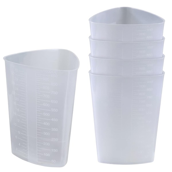 Plastic Graduated Triangular Intake Output Container [5 Pack] 32 Ounce Three-Sided Translucent Laboratory Beaker for Measuring and Mixing - Clear Markings in oz and cc - for Specimen, Paint and Epoxy