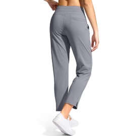 YYV Women's Pants with 3 Pockets High Waisted Golf Athletic Pants 7/8 Stretch Ankle Pants for Women Workout Travel Casual(Light Grey Large)