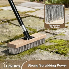 TidyBliss Stainless Steel Wire Scrub Brush with Long Handle, Heavy Duty Stiff Metal Broom Scrubber, Outdoor Moss Removal for Concrete Floor, Deck, Garden, Patio, Roof, Brick, Garage, Swimming Pool