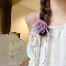 FASELE Hair Rubber Hair Elastic Scrunchy Rose Flower with Ribbon Fluffy Gorgeous Hair Accessory Simple Satin Forest Girl Elegant Elegant Hair Ornament Female High Elasticity Stylish Everyday Work Gift