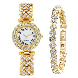 CdyBox Lady Elegant Small Dial Quartz Watch with Diamond Bracelet Watch Set Dress Wrist Watches, Gold, Modern