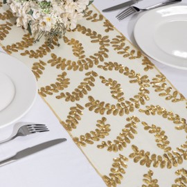 MengH-SHOP Table Runner Sequins Gold Leaves Pattern Tablecloths Table Flag Decoration for Party Wedding Birthday Baby Showers 30 x 280 cm