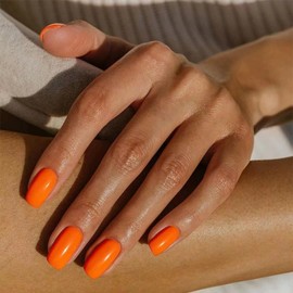 Press On Nails - 24pcs Orange Fake Nails - Short Medium Square False Nails With Glue - Glossy Removable Coffin Acrylic Full Cover Stick On nails For Women Girls Daily Wear DIY Nail Art Gift