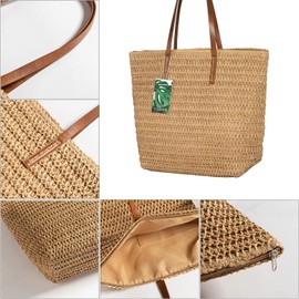 YXQSED Women's Woven Bag Round Summer Beach Bag Straw Shoulder Bags Handmade Shoulder Bags Large, 08-khaki