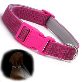 Hot Pink Reflective Dog Collars for Large Dogs, Highly Reflect Safety Neoprene Padded Basic Durable Soft Nylon Female Dog Collar for Small Medium Large Pet Girl Dogs, L