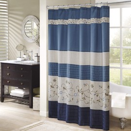 Madison Park Serene Shower Curtain Faux Silk Embroidered Floral Machine Washable Modern Home Bathroom Decorations, 72x72, Navy