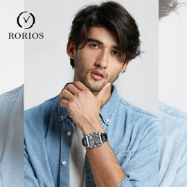 rorios Men's Automatic Mechanical Watches Luminous Watches with Leather Strap Tonneau Skeleton Dial Wrist Watch, silver, Strap.