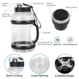 Portable Blender for Shakes & Smoothies 1800ML, Rechargeable Personal Blender with Travel Lid for Kitchen 4000mAh, Waterproof Blender Cup with Six Blades for Sport/Home/Office/Gym (Black)