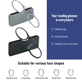DXYXYO Armless Mini Thin Reading Glasses for Men Women 2 Pack Legless Nose Clip Compact Readers with Small Portable Case, 1.0 Magnification Black and Grey
