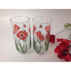 Rossvar Pair of Hand Painted Red Poppy Design Hi-Ball Glasses