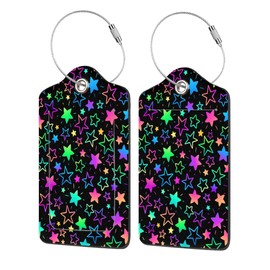 EOBKLAX 2 Pack Luggage Tags for Suitcases,Bright Neon Stars Luggage Tag,PU Leather Id Label Luggage Tags with Stainless Steel Loop and Privacy Cover for Women Men Teens Travel