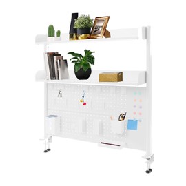 MARTEXBUY Clamp On Desk Organizer Shelf, Pegboard Multipurpose Countertop Desk Hutch, Desktop Bookshelf Bookcase Storage Shelves for Home Office Dorm Gaming Desk (White)