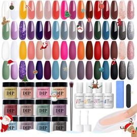 AZUREBEAUTY Dip Powder Nail Kit 32 Colors, Brown Nude Red Glitter Nail Christmas Dipping Powder Starter Set System Essential Liquid & Dip Recycling Tray Set for French Nail Art Manicure Salon DIY Home