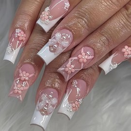 Long Press on Nails Square Fake Nails with 3D Flower Bow Pearl Designs White French Tip Nails Press ons Glossy Glue on Nails Nude Acrylic Nails Summer False Nails Cute Stick on Nails for Women 24Pcs
