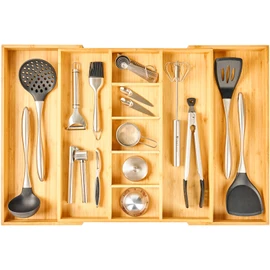 Umilife Extra Large Expandable Kitchen Drawer Organizer for Utensil and Junk, 19" Deep for Big Drawer, 17" to 28" Adjustable Bamboo Wood Drawer Divider, Cutlery Tray, Flatware Holder
