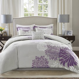 Comfort Spaces Enya Comforter Set-Modern Floral Design All Season Down Alternative Bedding, Matching Shams, Bedskirt, Decorative Pillows, King(104"x90"), Purple