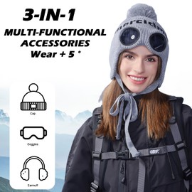 AYPOW Winter Thermal Knit Hat with Earwarmer Detachable Goggles, Women Fashionable Windproof Skiing Hiking Cycling Chunky Beanie Hat, Soft Fleece Lining Warm Cap Bobble Hat for Winter Outdoor Sports