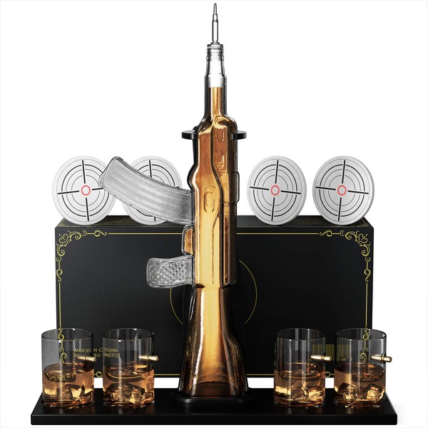 KROWN KITCHEN - Gun Whiskey Decanter Set. Includes Whiskey glasses, coasters, and wood base. Perfect Dad Gifts. For bourbon, scotch, liquor, 850ml.