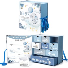 Beeveer Baby Keepsake Box Newborn Memory Organizer with 9 Labeled Compartments First Keepsake Book Gift Box for Pregnancy Mother"s Day Baby Shower New Maternity(Blue,Blue Elephant)