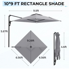 AECOJOY 9/10FT Wall Mounted Patio Umbrella, Rectangle Outdoor Patio Umbrella with Canopy - 10 FT with Light- Grey